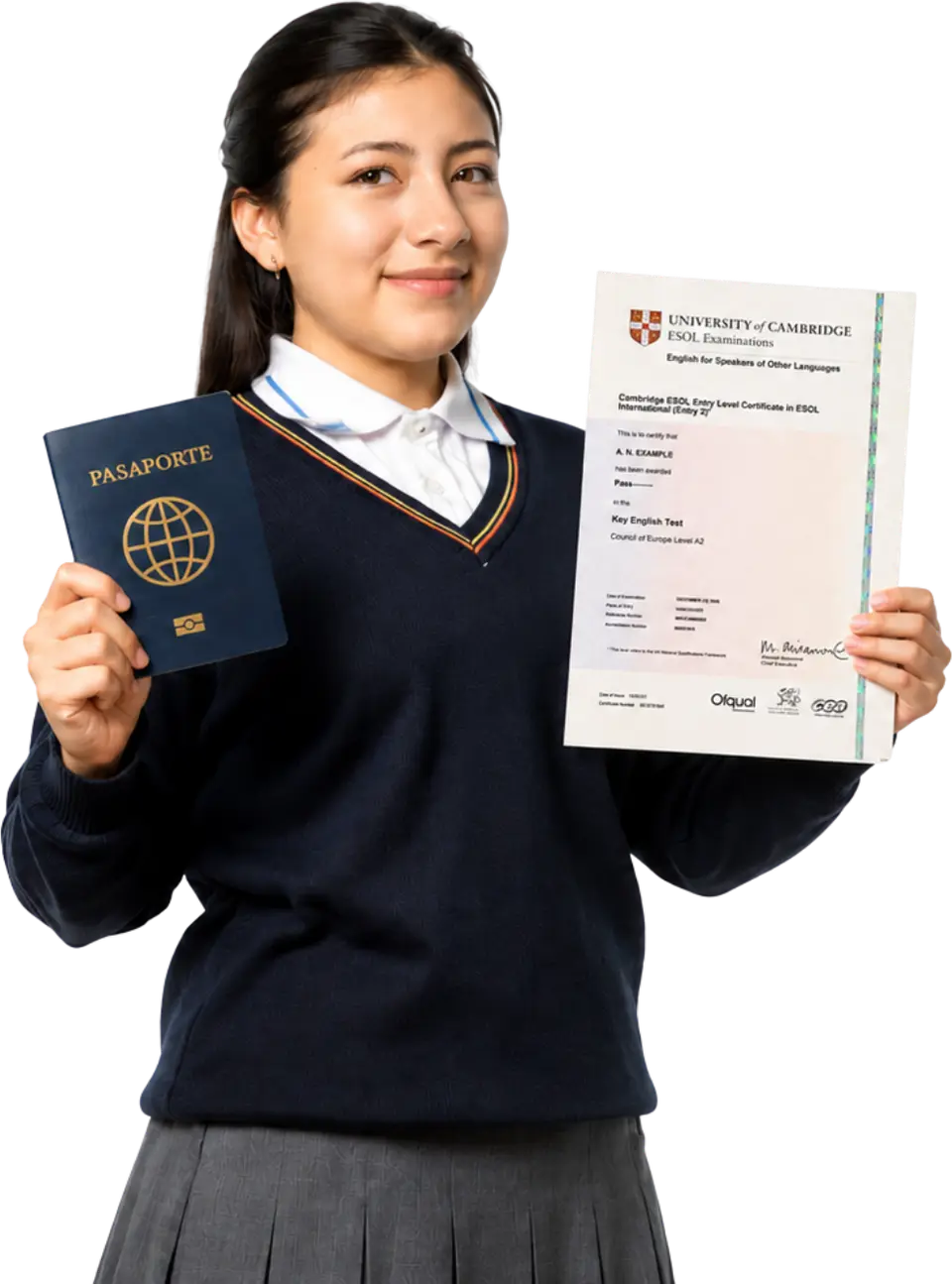 Estudiante de secundaria con un certificado Cambridge English y su pasaporte